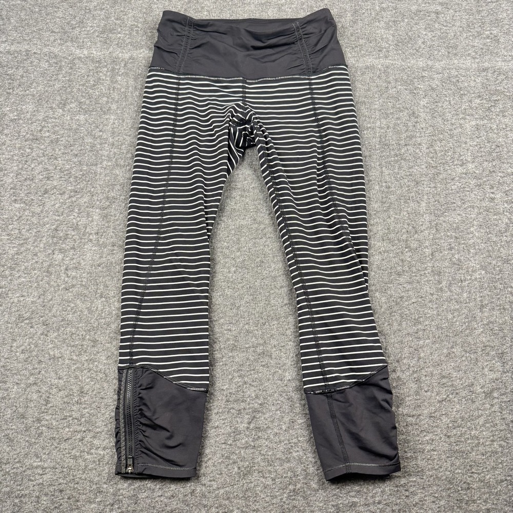 Lululemon Pants Womens 4 Black White Striped Run Day Crop Leggings Zip Yoga Gym